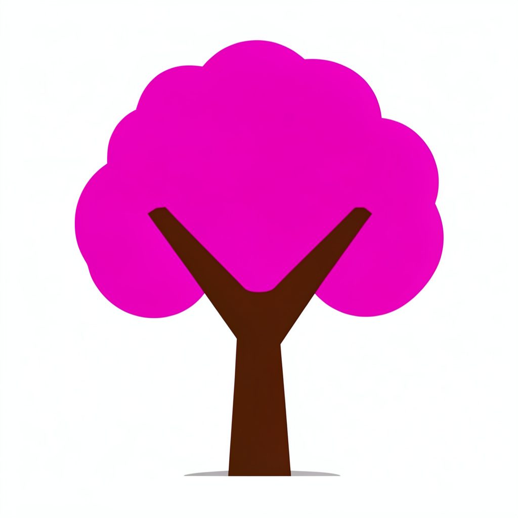 Illustration vectorielle plate d'un arbre stylisé chargé de fèves et de carrés de chocolat, dans des tons roses et bleu marine, ambiance chaleureuse et gourmande