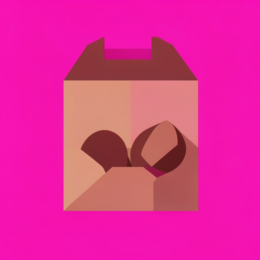 Illustration plate d'une box cadeau de chocolats aux tons rose poudré et bordeaux, avec un ruban et une ambiance chaleureuse et gourmande