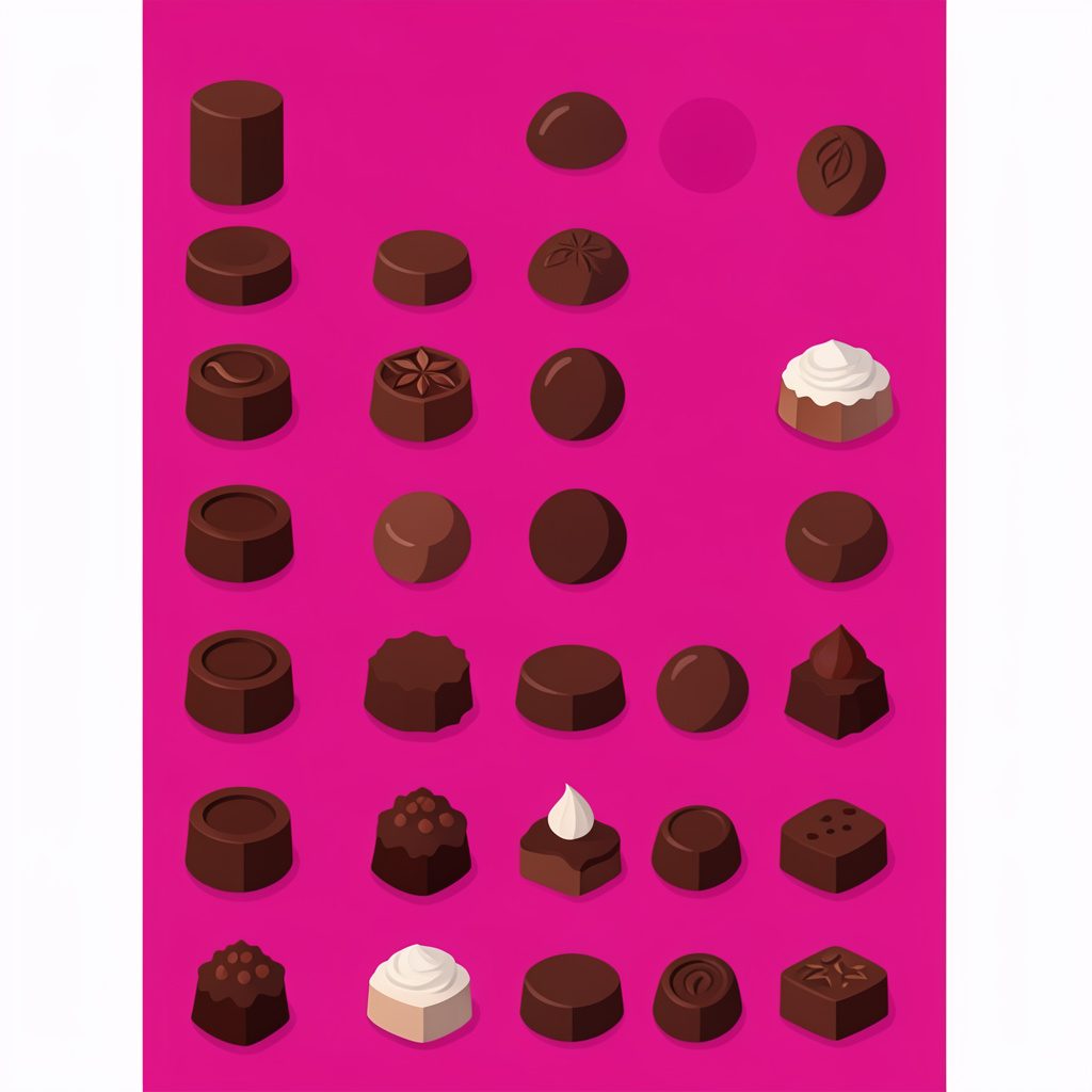 Illustration vectorielle flat d'un ballotin de chocolats garni de pralines et truffes, tons rose poudré et brun chocolat, ambiance gourmande et douce.