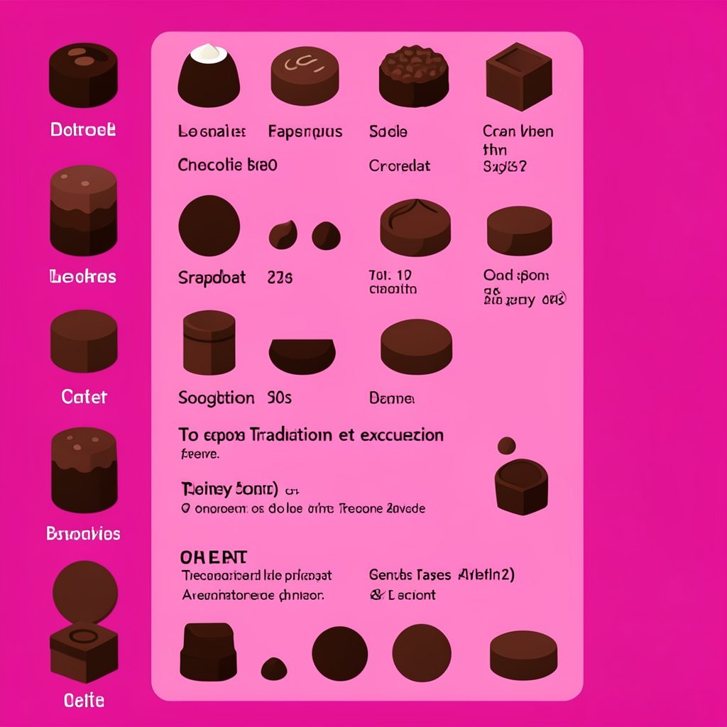 Illustration vectorielle plate d'un ballotin de chocolats ouvert rempli de pralines dans des tons bruns, roses et dorés, ambiance gourmande