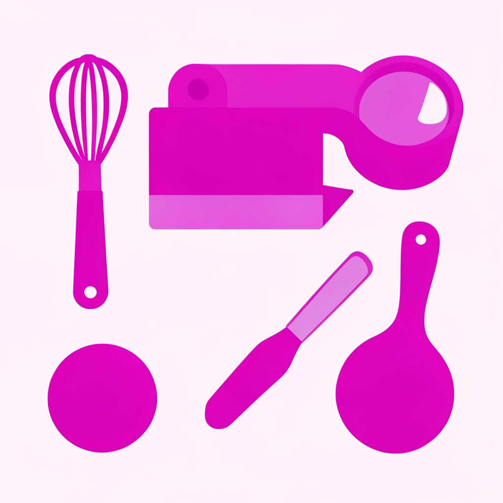 Illustration vectorielle plate d'ustensiles de pâtisserie et de cuisine disposés sur un plan de travail, tons bruns et roses, ambiance artisanale