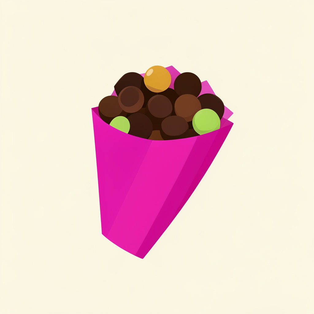 Illustration vectorielle en aplats d'un ballotin de chocolats garni de pralines, dans des tons chocolat, caramel et menthe, sur fond crème